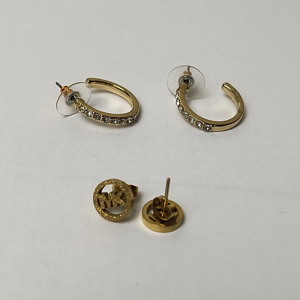 Gold-Tone Crystal Hoop and Logo Disc Earring Set